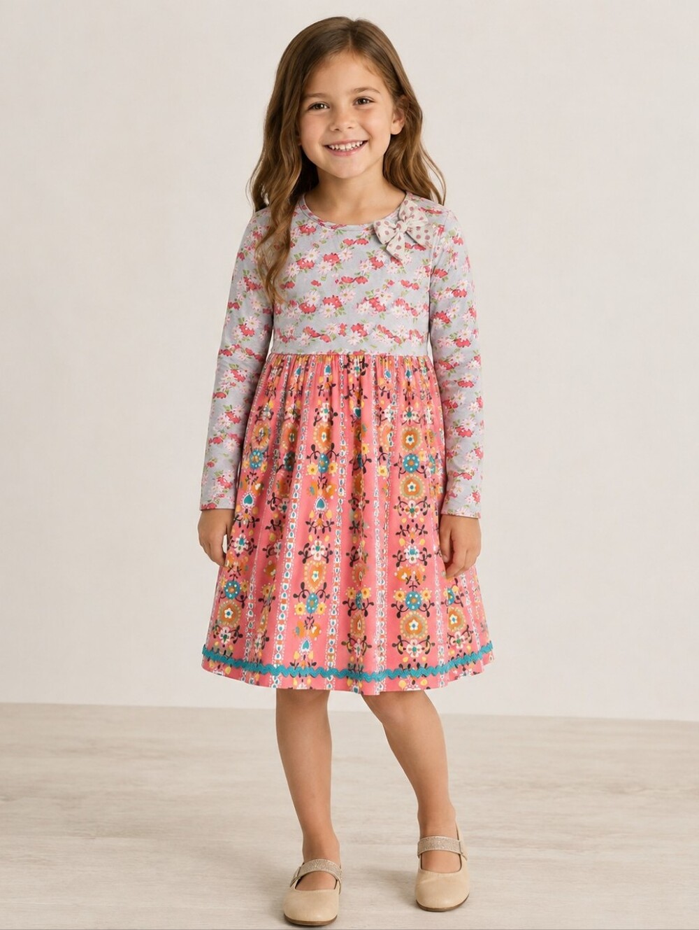Matilda Jane Girls Size 8 Floral Long Sleeve Dress Bow Detail